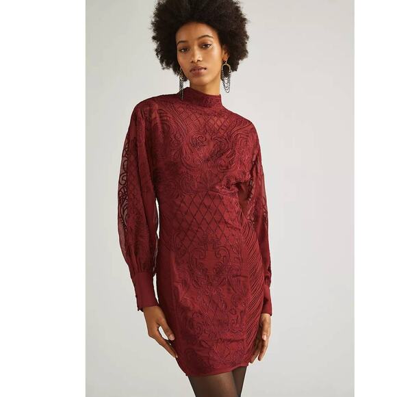 New Anthropologie Lace Mini Dress Not So Serious by Pallavi Mohan SIZE 8 Wine - Picture 1 of 5